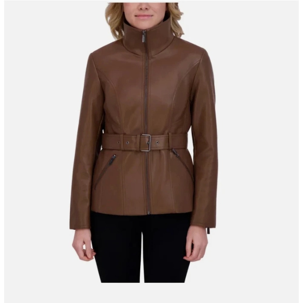Kenneth Cole Women's Belted Faux Leather Jacket, Brown, Size: XS, New